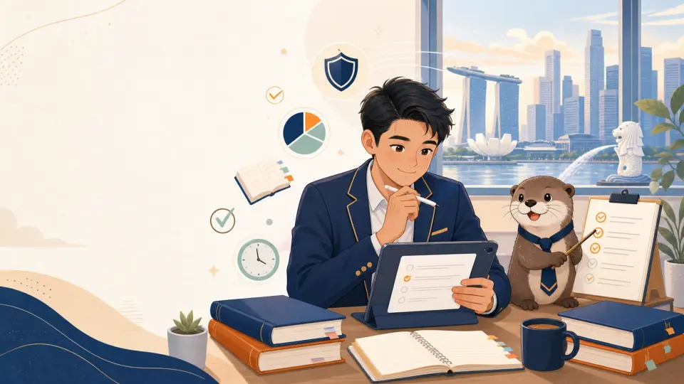 CMFAS learner revising with an otter study companion beside the Singapore skyline